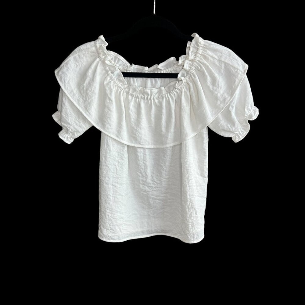 Active USA White Peasant Top With Ruffle Collar Puffed Sleeves Size Small
